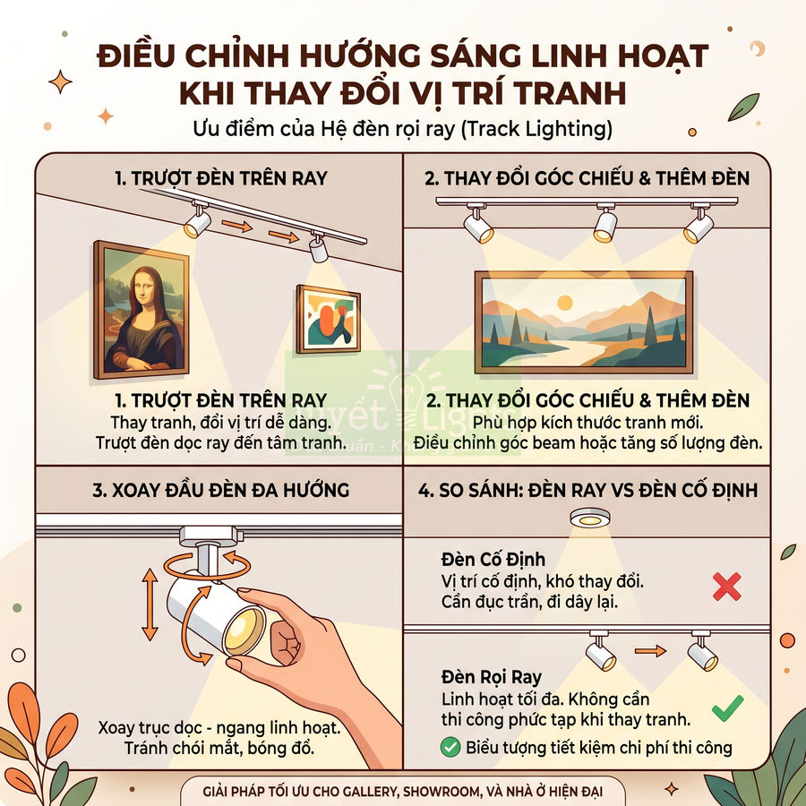 Infographic hướng dẫn điều chỉnh hệ đèn rọi ray chiếu tranh treo tường trong gallery và nhà ở