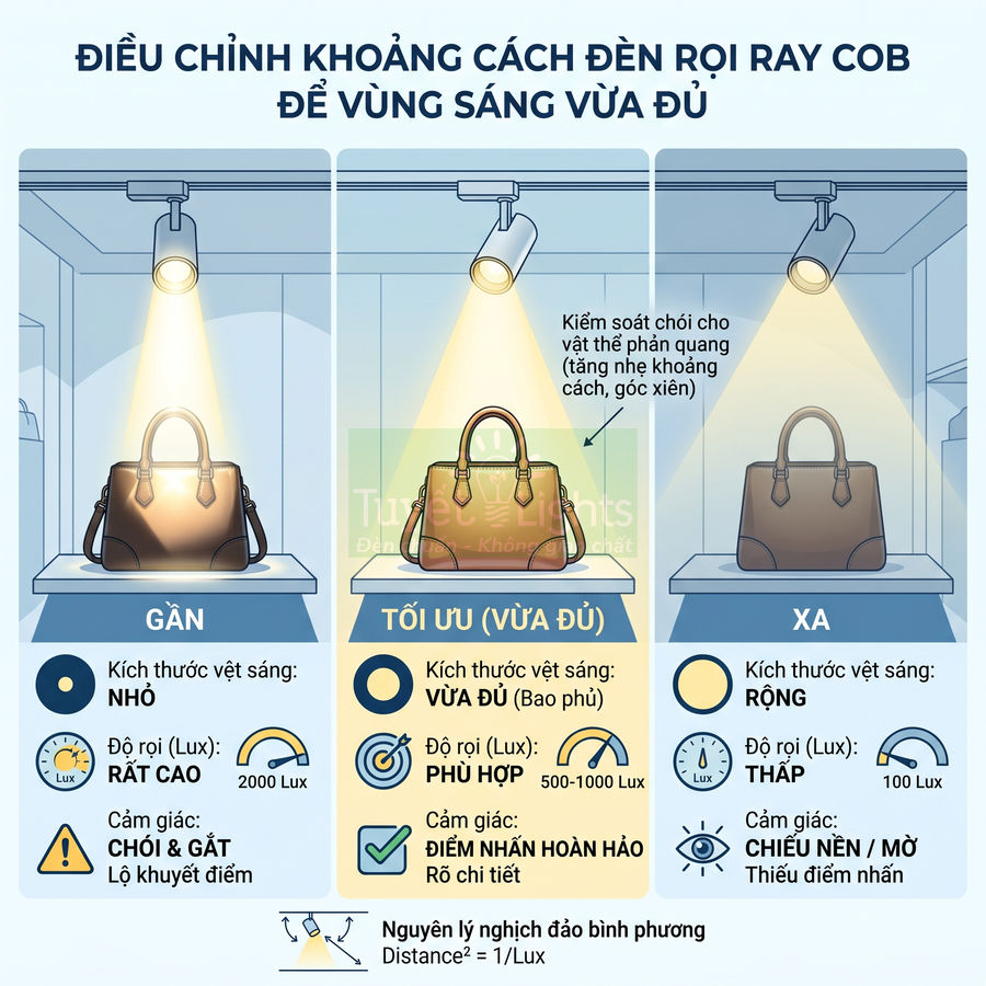 Đèn rọi ray COB chiếu sáng túi xách da trên kệ trưng bày với ba mức khoảng cách gần tối ưu và xa