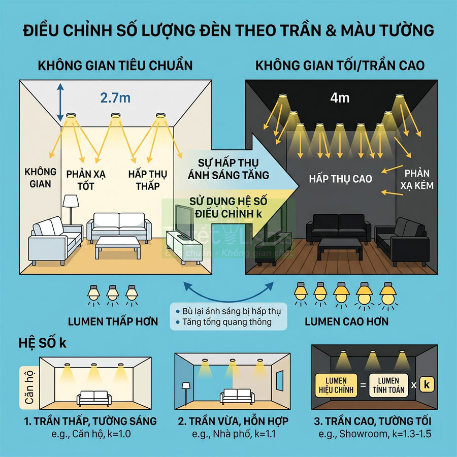 Hướng dẫn điều chỉnh số lượng đèn trần theo chiều cao trần và màu tường cho phòng khách