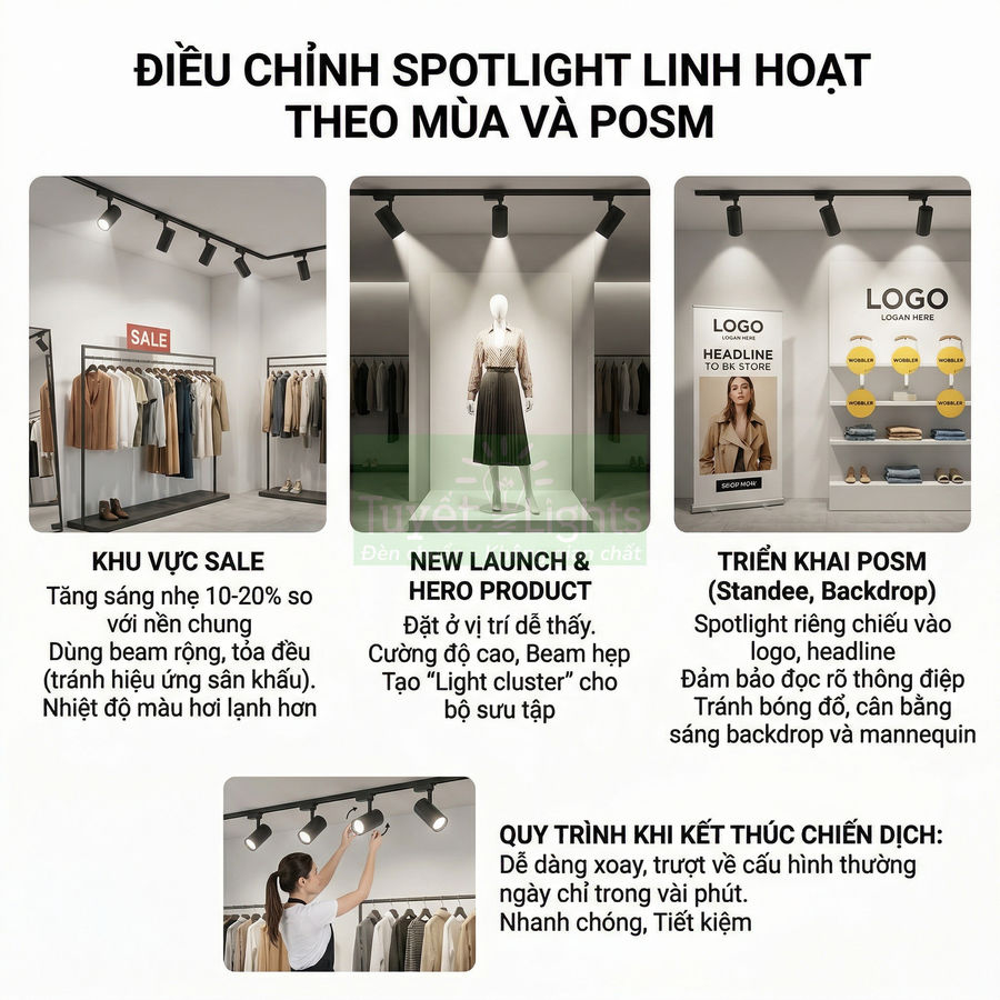 Đèn spotlight chiếu sáng linh hoạt cho cửa hàng thời trang, làm nổi bật khu vực sale, mannequin và kệ trưng bày POSM