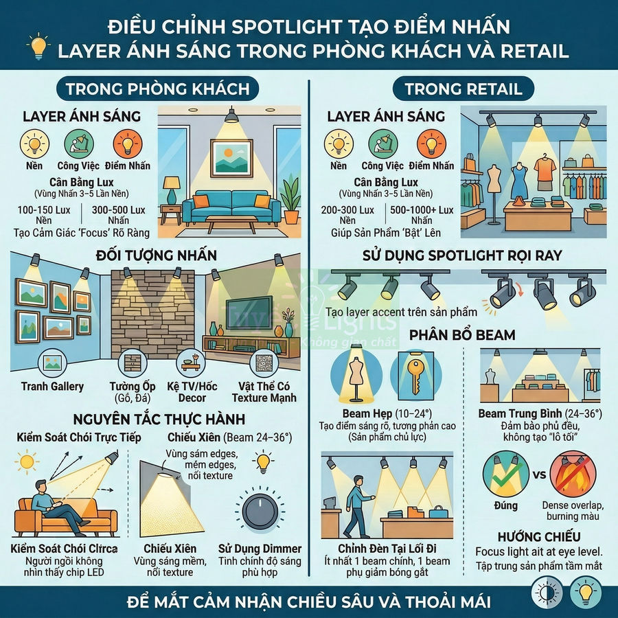 Hướng dẫn điều chỉnh spotlight và layer ánh sáng cho phòng khách và cửa hàng retail để làm nổi bật sản phẩm