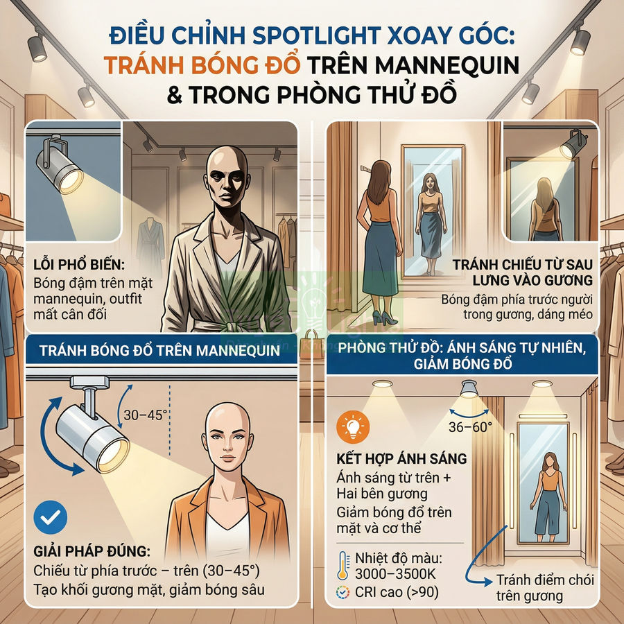 Hướng dẫn điều chỉnh đèn spotlight trong cửa hàng thời trang để giảm bóng đổ trên mannequin và trong phòng thử đồ