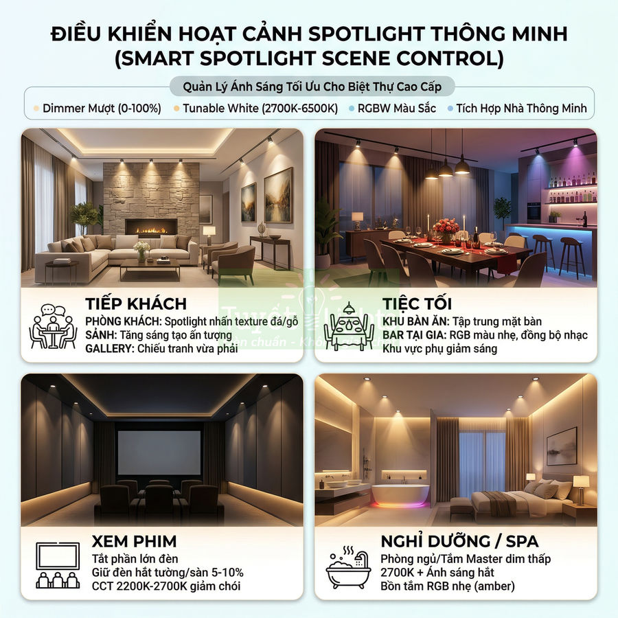 Giải pháp điều khiển spotlight thông minh cho biệt thự với các chế độ tiếp khách, tiệc tối, xem phim, nghỉ dưỡng spa