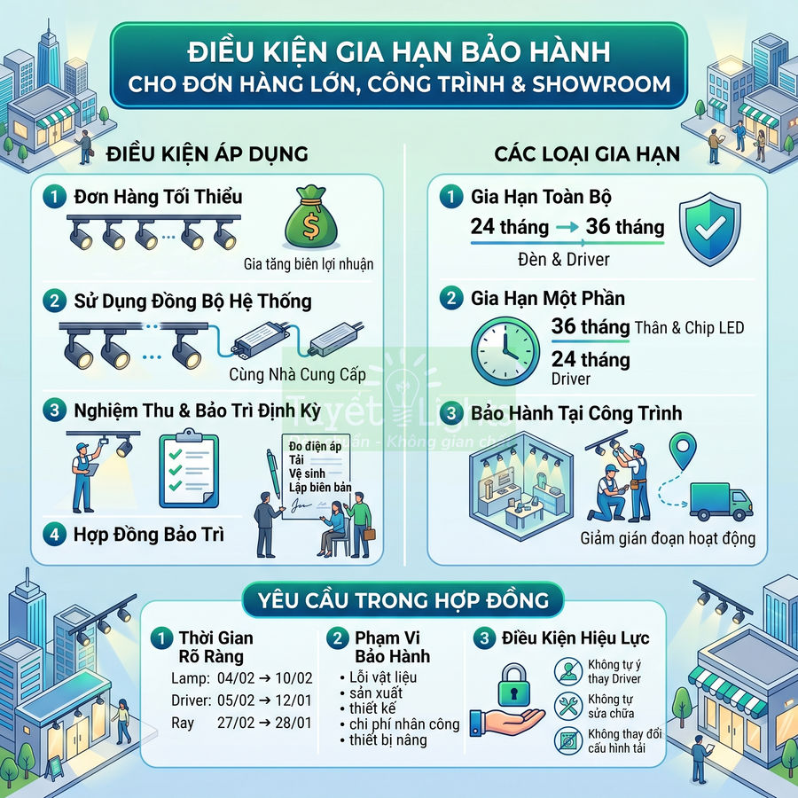 Infographic điều kiện gia hạn bảo hành đèn LED cho đơn hàng lớn, công trình và showroom của thương hiệu Yết Light