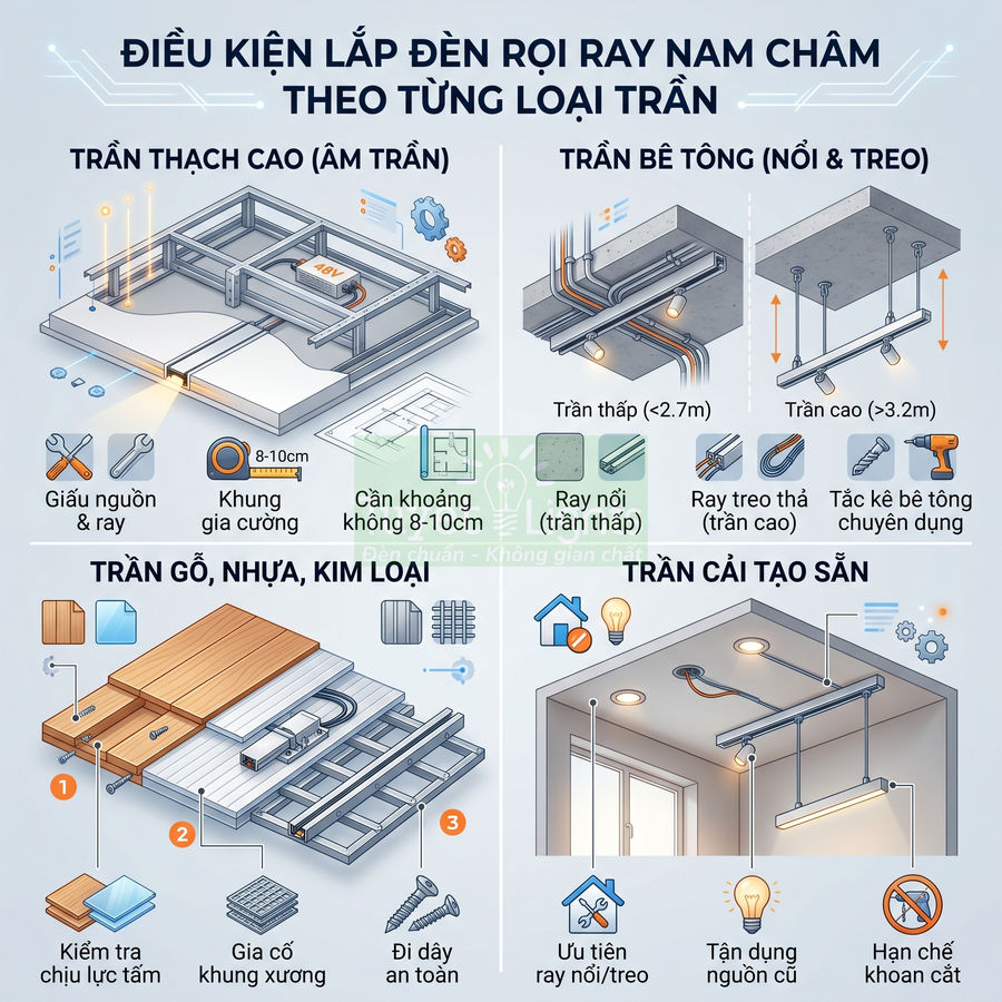 Hướng dẫn điều kiện lắp đặt đèn rọi ray nam châm cho trần thạch cao, bê tông, trần gỗ và trần cải tạo sẵn