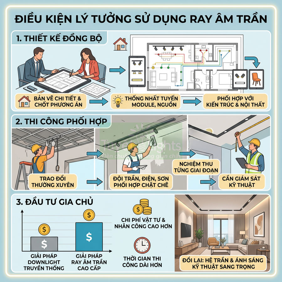 Infographic điều kiện lý tưởng sử dụng hệ thống ray âm trần chiếu sáng cao cấp trong thiết kế và thi công nội thất