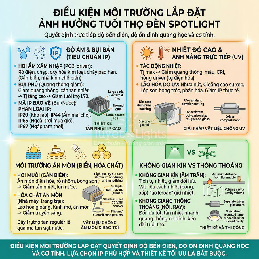 Infographic điều kiện môi trường lắp đặt ảnh hưởng tuổi thọ đèn spotlight và giải pháp bảo vệ IP, nhiệt, ăn mòn