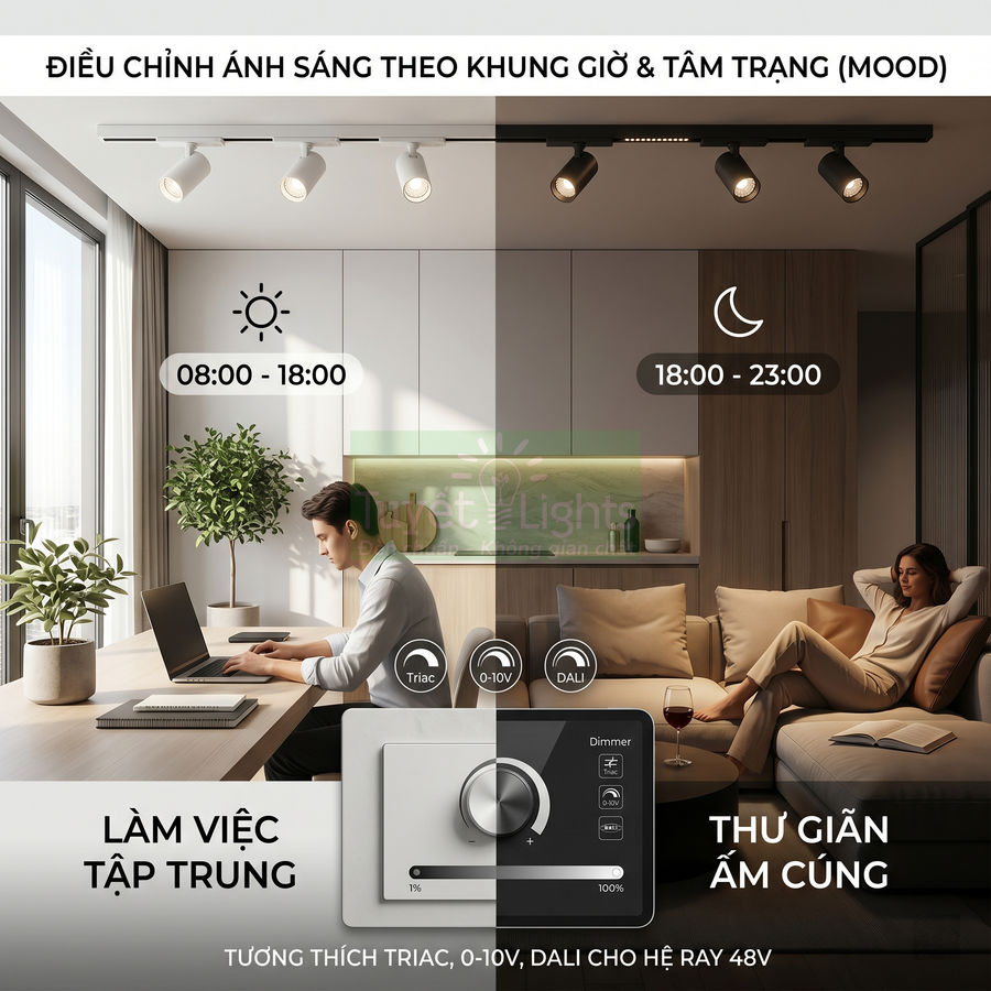 Công tắc dimmer điều chỉnh đèn ray 48V cho không gian làm việc ban ngày và phòng khách thư giãn buổi tối