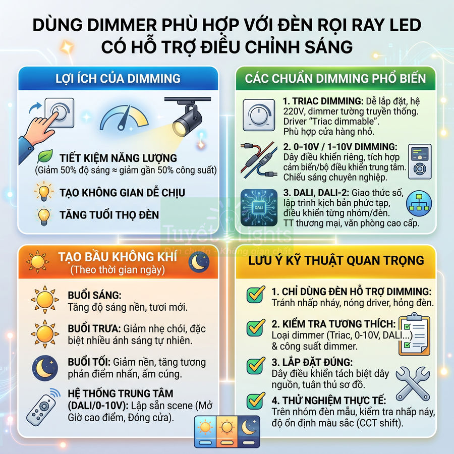 Infographic hướng dẫn dùng dimmer cho đèn rọi ray LED, nêu lợi ích, chuẩn dimming và lưu ý kỹ thuật khi lắp đặt