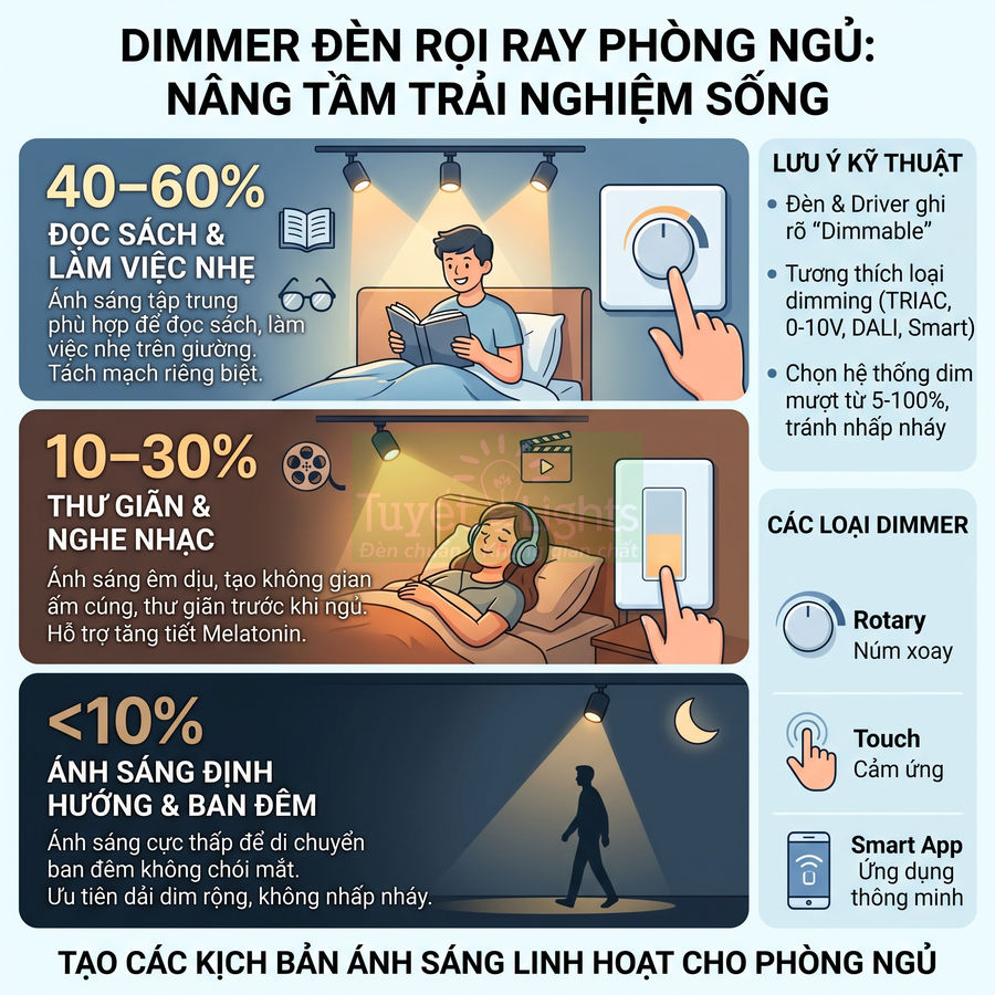 Infographic dimmer đèn rọi ray phòng ngủ với các mức điều chỉnh ánh sáng cho đọc sách, thư giãn và đèn ngủ