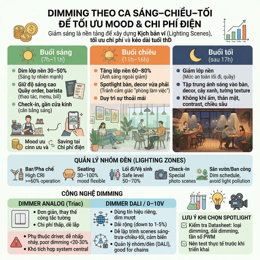 Infographic hướng dẫn dimming đèn theo buổi sáng chiều tối để tối ưu mood khách và tiết kiệm chi phí điện cho quán cà phê