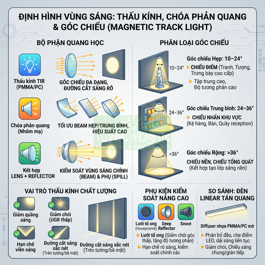 Infographic về thấu kính, chóa phản quang và góc chiếu đèn LED ray nam châm Magnetic Track Light