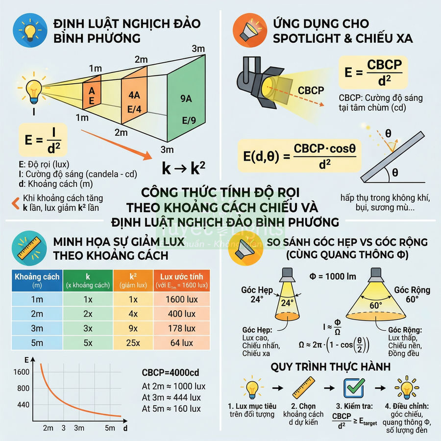 Infographic định luật nghịch đảo bình phương và cách tính độ rọi lux cho đèn spotlight, chiếu xa theo khoảng cách