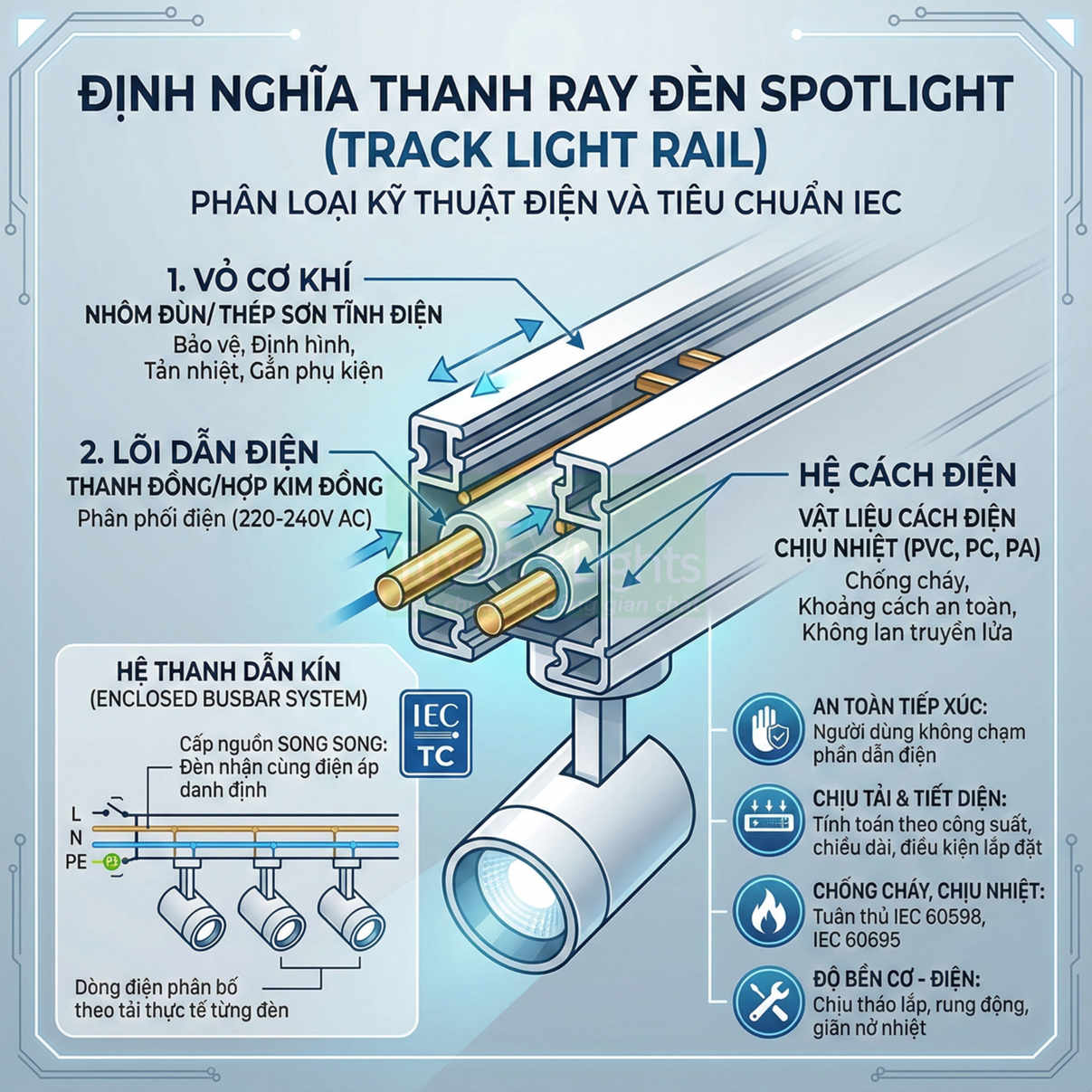 Cấu tạo thanh ray đèn spotlight nhôm định hình, lõi đồng dẫn điện và hệ cách điện chịu nhiệt theo tiêu chuẩn IEC