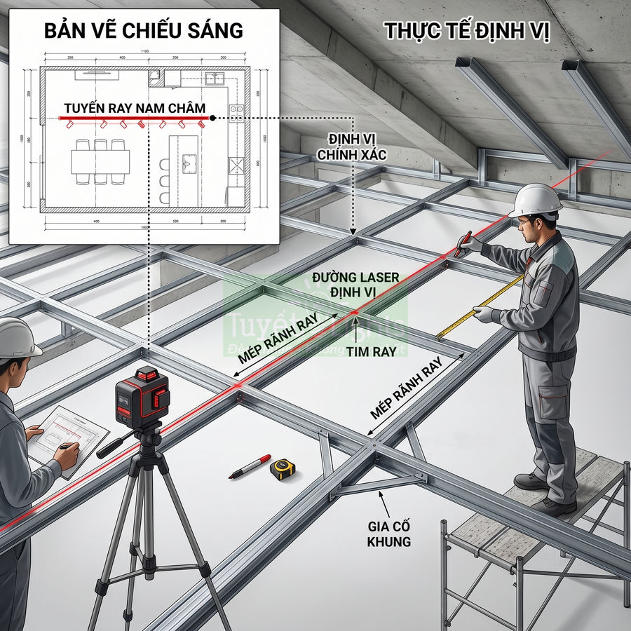 Kỹ sư dùng máy laser định vị ray nam châm trên khung trần thạch cao theo bản vẽ chiếu sáng