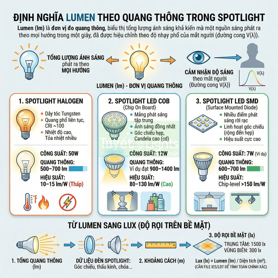 Infographic so sánh quang thông lumen và hiệu suất của spotlight halogen, spotlight LED COB và spotlight LED SMD