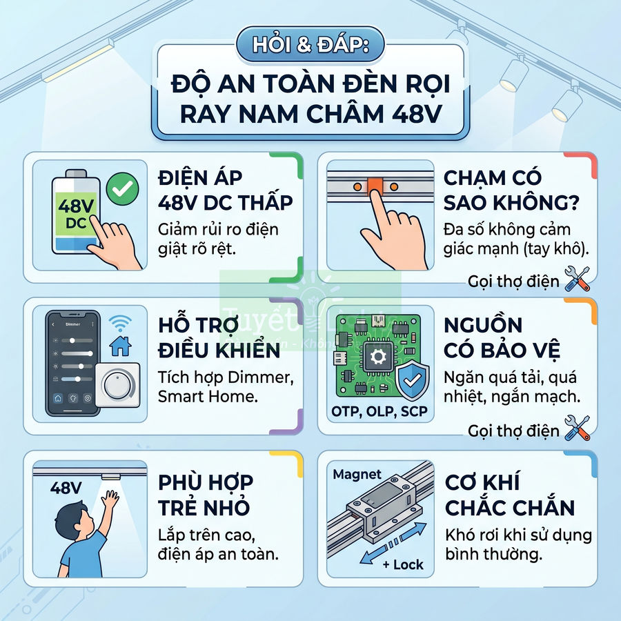 Infographic giới thiệu ưu điểm an toàn của đèn rọi ray nam châm 48V cho gia đình và trẻ nhỏ