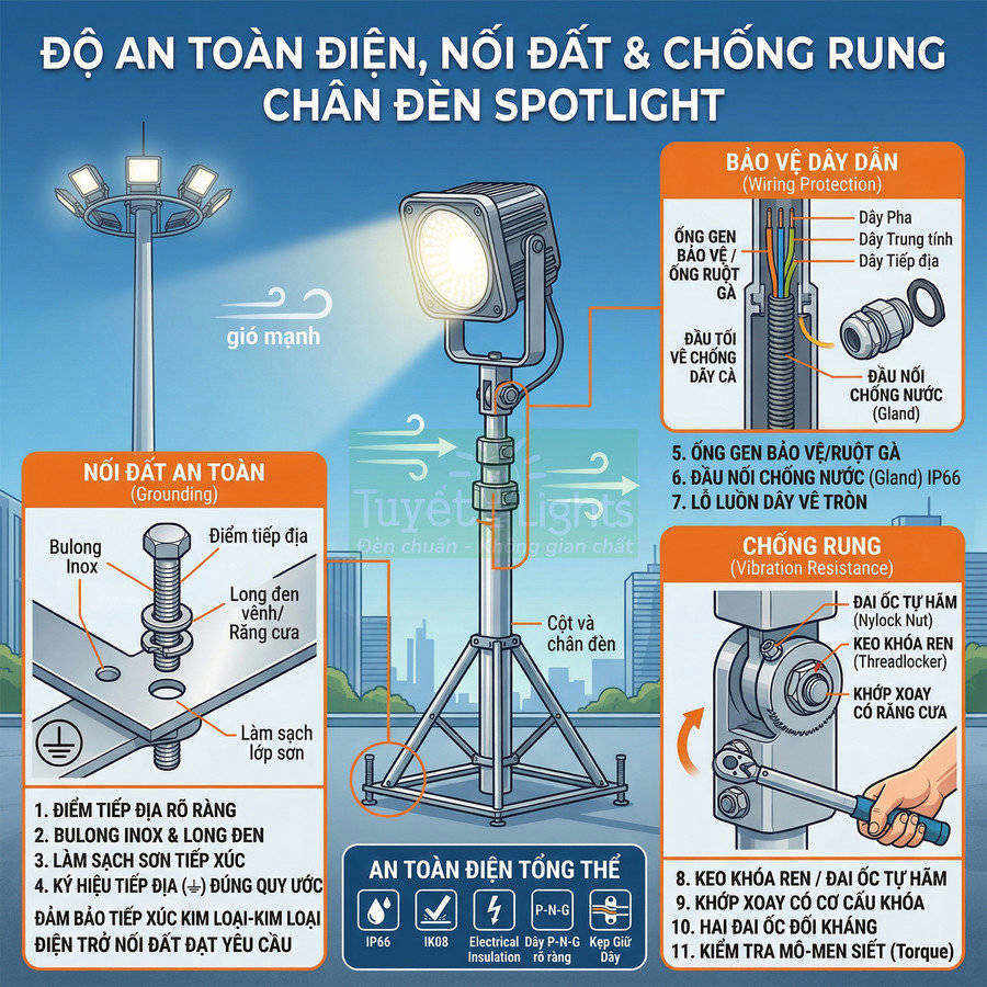 Chân đèn spotlight ngoài trời có nối đất, bảo vệ dây dẫn và chống rung đảm bảo an toàn điện