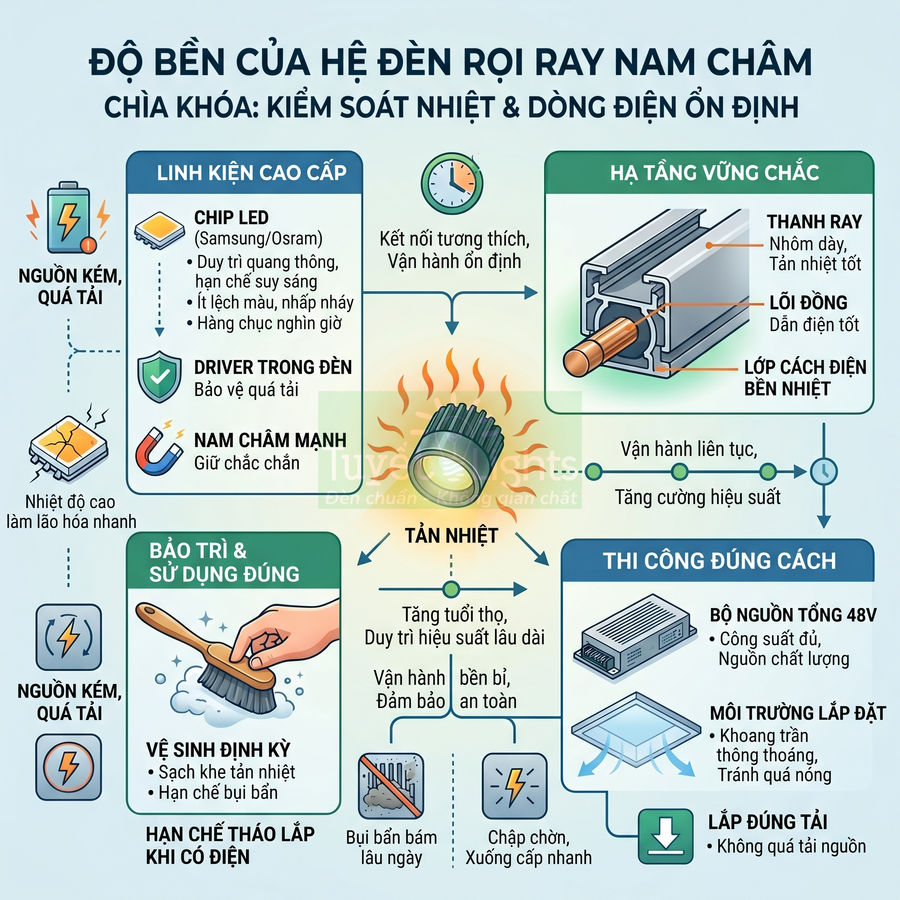 Đèn rọi ray nam châm có bền không? Tuổi thọ và yếu tố ảnh hưởng
