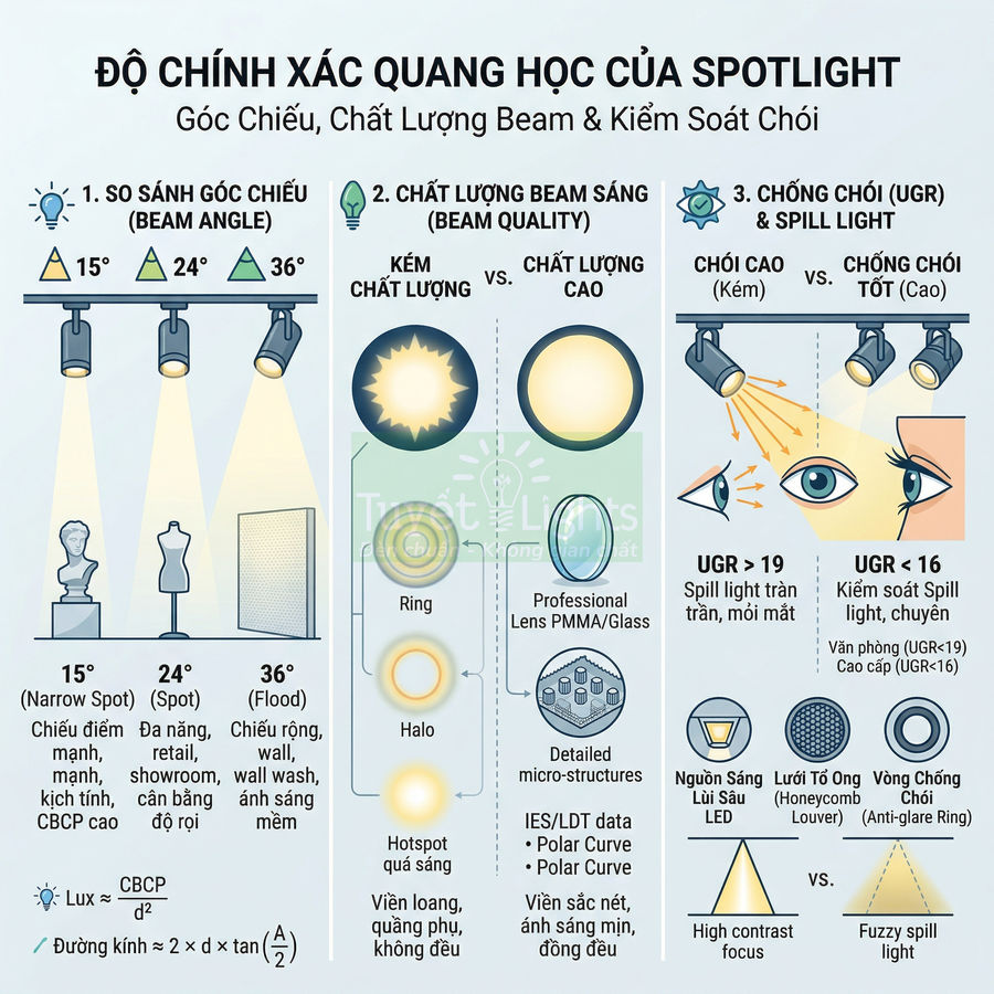 Infographic độ chính xác quang học của đèn spotlight về góc chiếu, chất lượng beam và khả năng chống chói