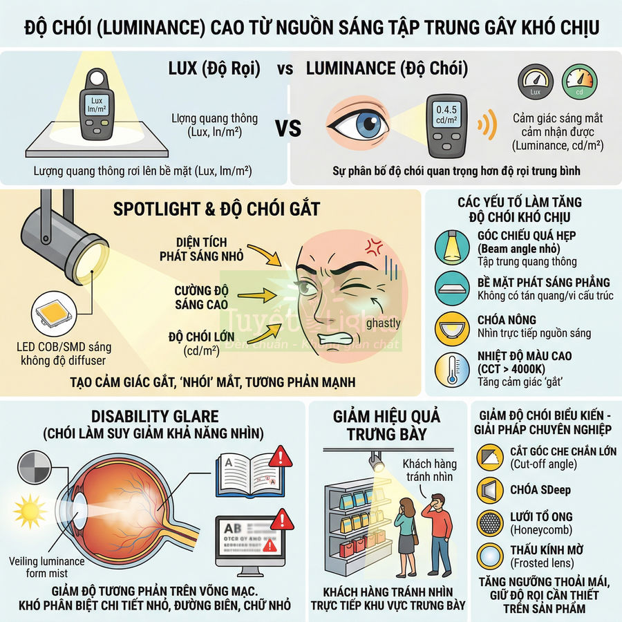 Infographic tiếng Việt về độ chói luminance của đèn LED spotlight và giải pháp giảm chói trong chiếu sáng trưng bày