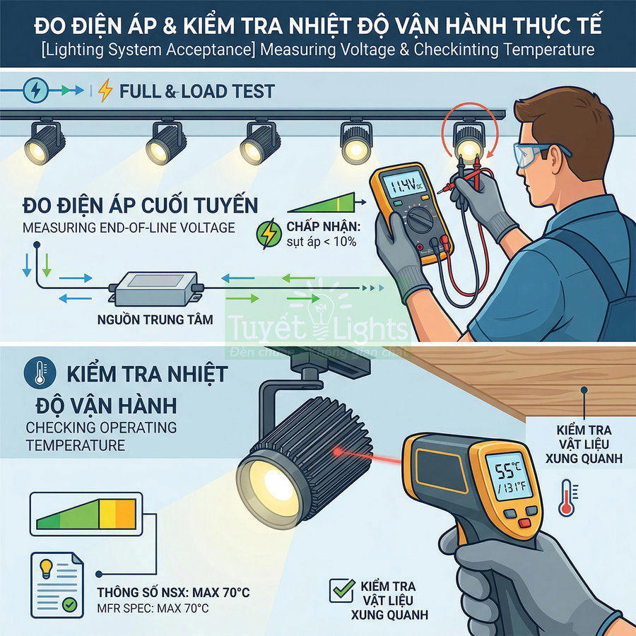 Hướng dẫn đo điện áp và kiểm tra nhiệt độ vận hành cho đèn LED rọi ray Tuyết Lights