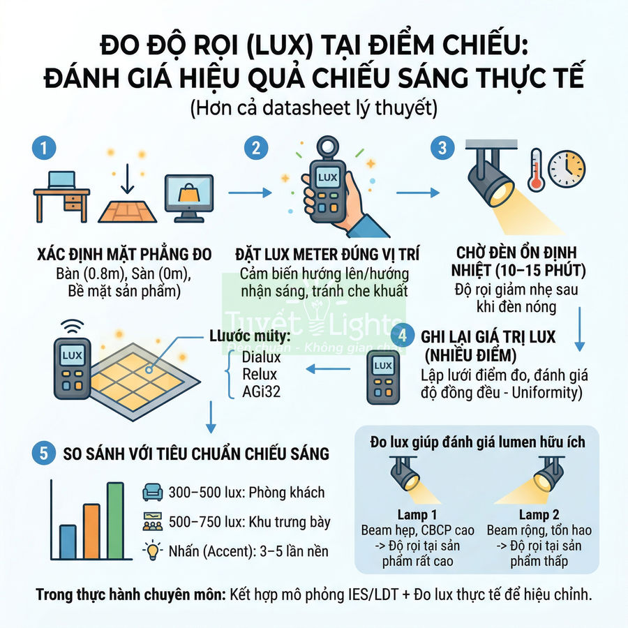 Hướng dẫn đo độ rọi lux bằng lux meter để đánh giá hiệu quả chiếu sáng thực tế cho không gian phòng