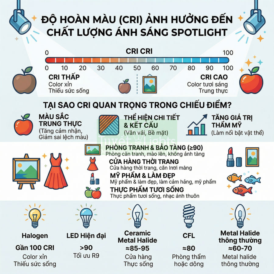 Infographic giải thích độ hoàn màu CRI ảnh hưởng chất lượng ánh sáng spotlight và các loại đèn chiếu sáng