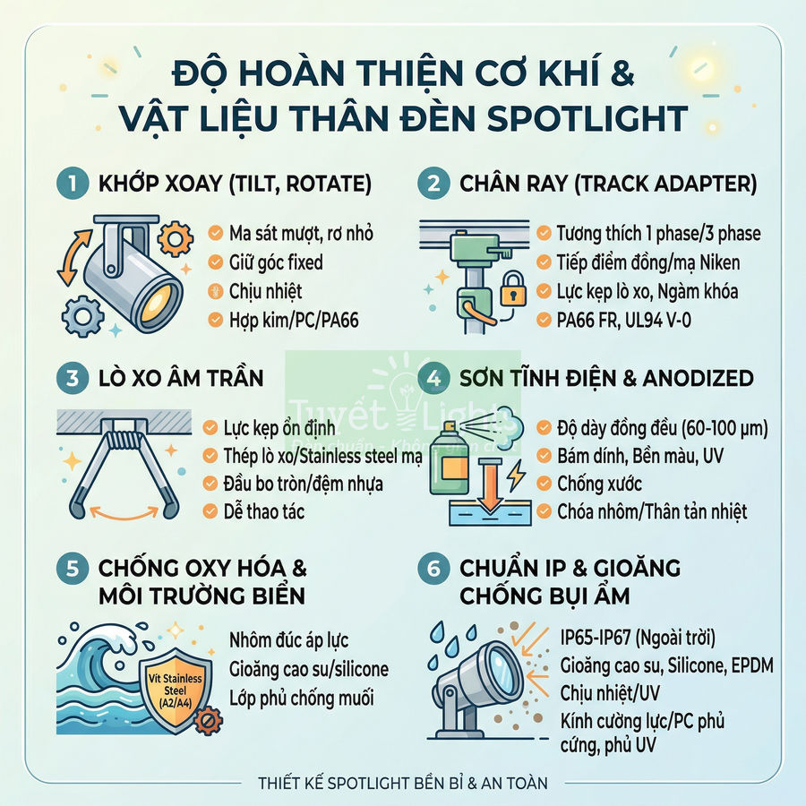 Infographic giới thiệu các đặc điểm cơ khí và vật liệu thân đèn spotlight bền bỉ chống oxy hóa, bụi ẩm và môi trường biển
