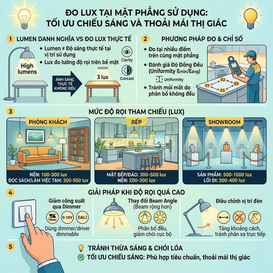 Infographic hướng dẫn đo độ lux và tối ưu chiếu sáng cho phòng khách, bếp và showroom với đèn LED