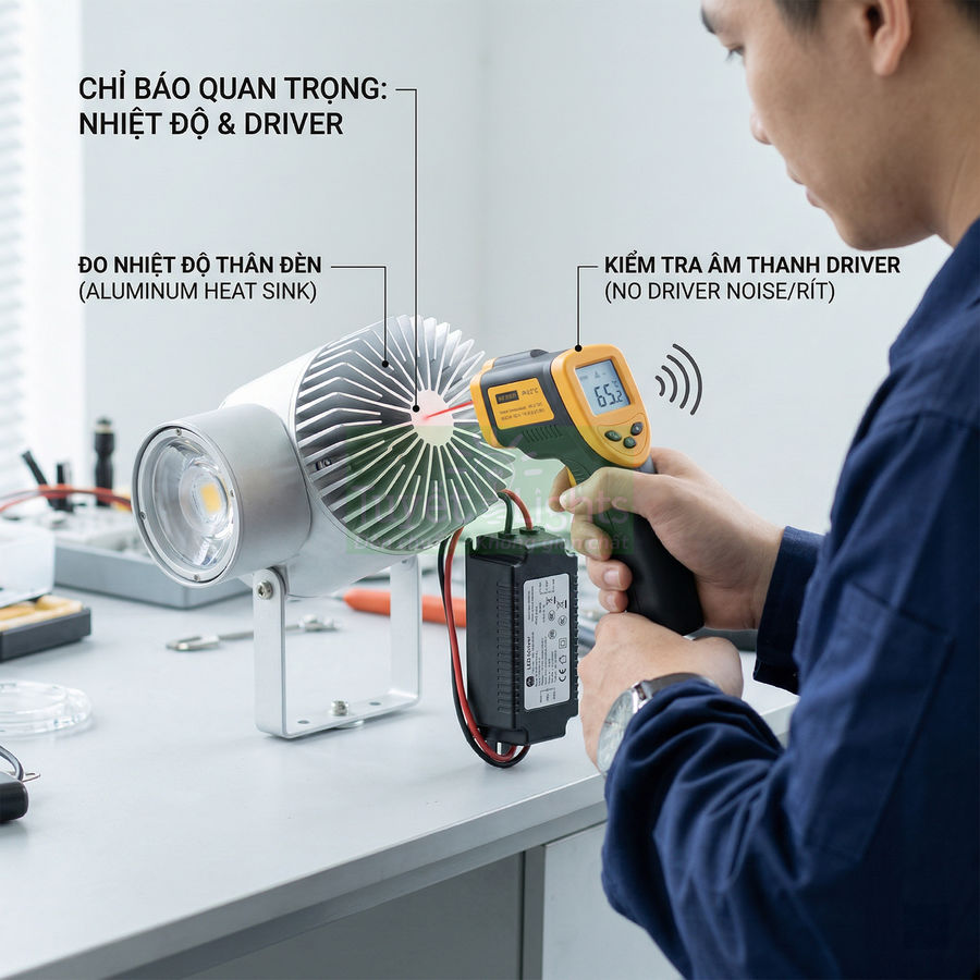 Kỹ thuật viên dùng nhiệt kế hồng ngoại đo nhiệt độ thân đèn LED công nghiệp và kiểm tra driver trên bàn làm việc