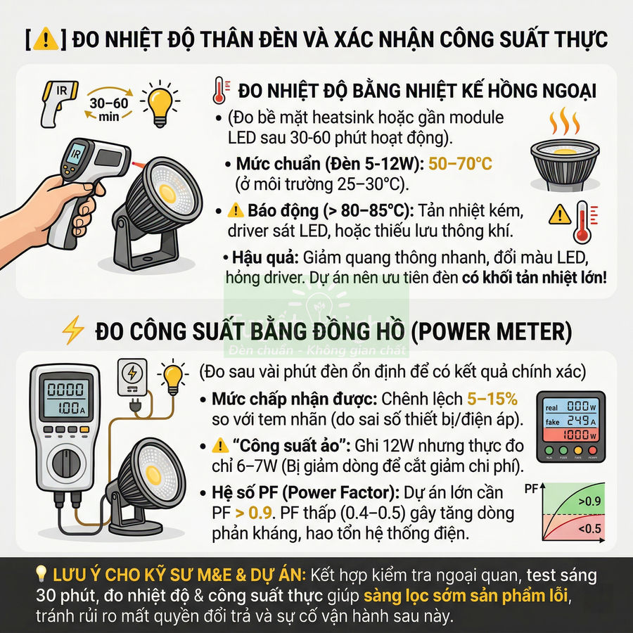 Hướng dẫn đo nhiệt độ và công suất thực của đèn LED bằng nhiệt kế hồng ngoại và đồng hồ đo điện
