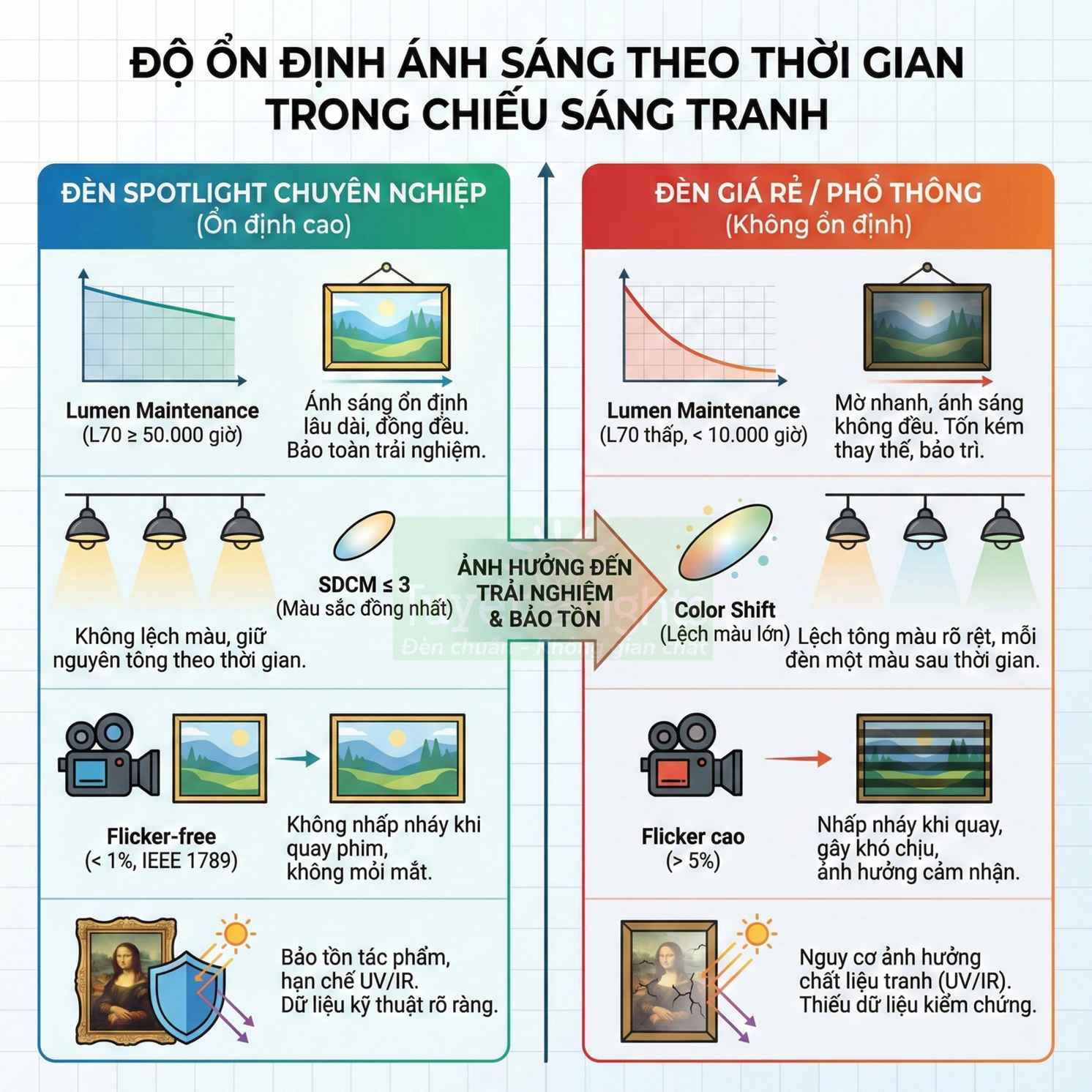 Infographic so sánh đèn spotlight chuyên nghiệp và đèn giá rẻ về độ ổn định ánh sáng khi chiếu sáng tranh