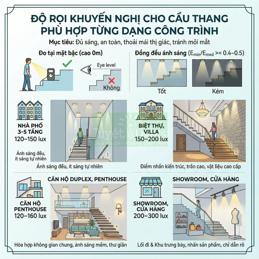 Infographic hướng dẫn độ rọi đèn cầu thang cho nhà phố, biệt thự, căn hộ penthouse, showroom cửa hàng