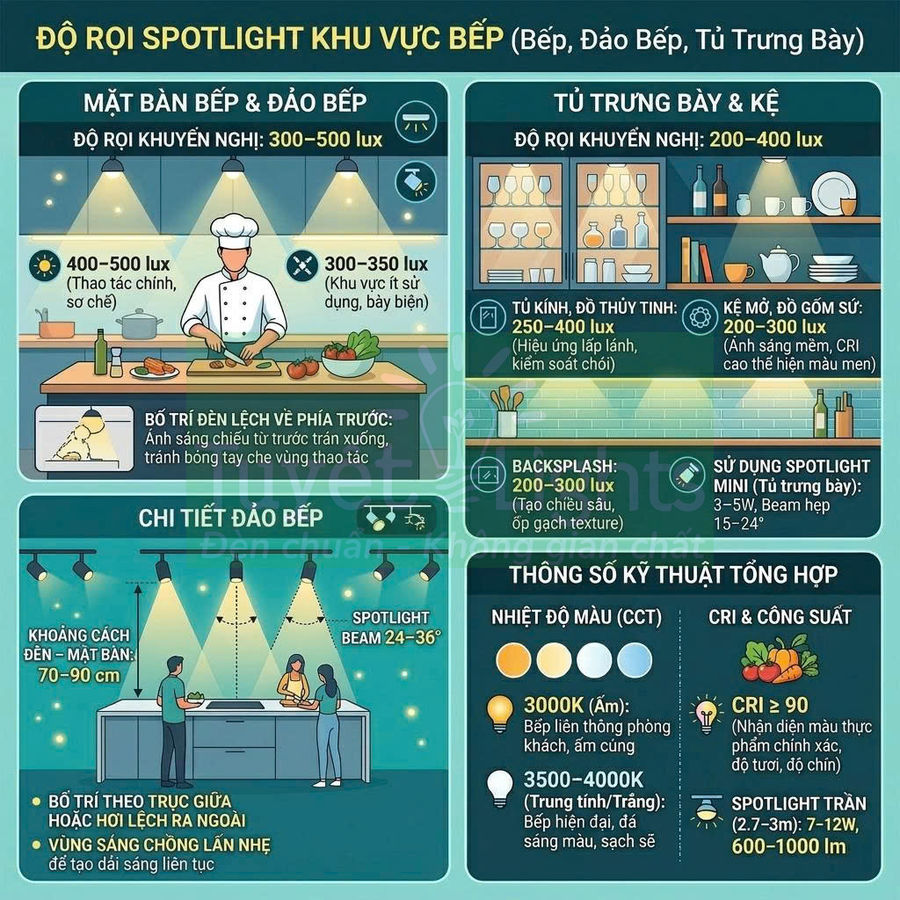 Infographic hướng dẫn bố trí và chọn độ rọi đèn spotlight cho khu vực bếp, đảo bếp và tủ trưng bày