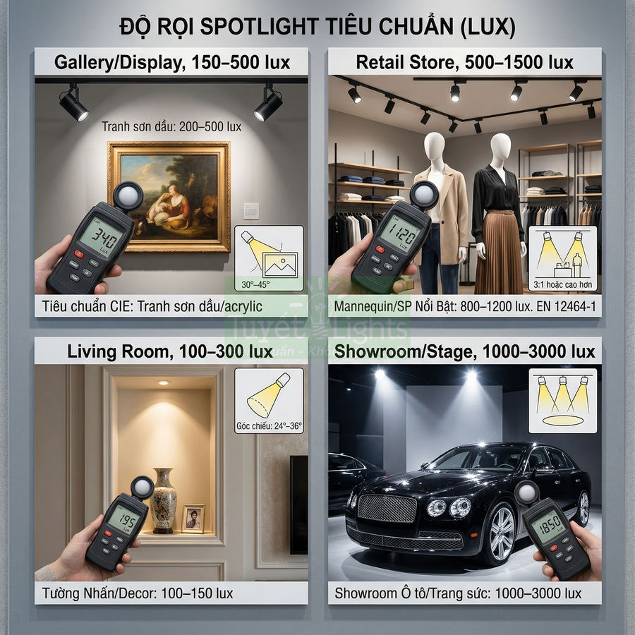 Bảng hướng dẫn độ rọi spotlight tiêu chuẩn lux cho gallery, cửa hàng, phòng khách và showroom ô tô