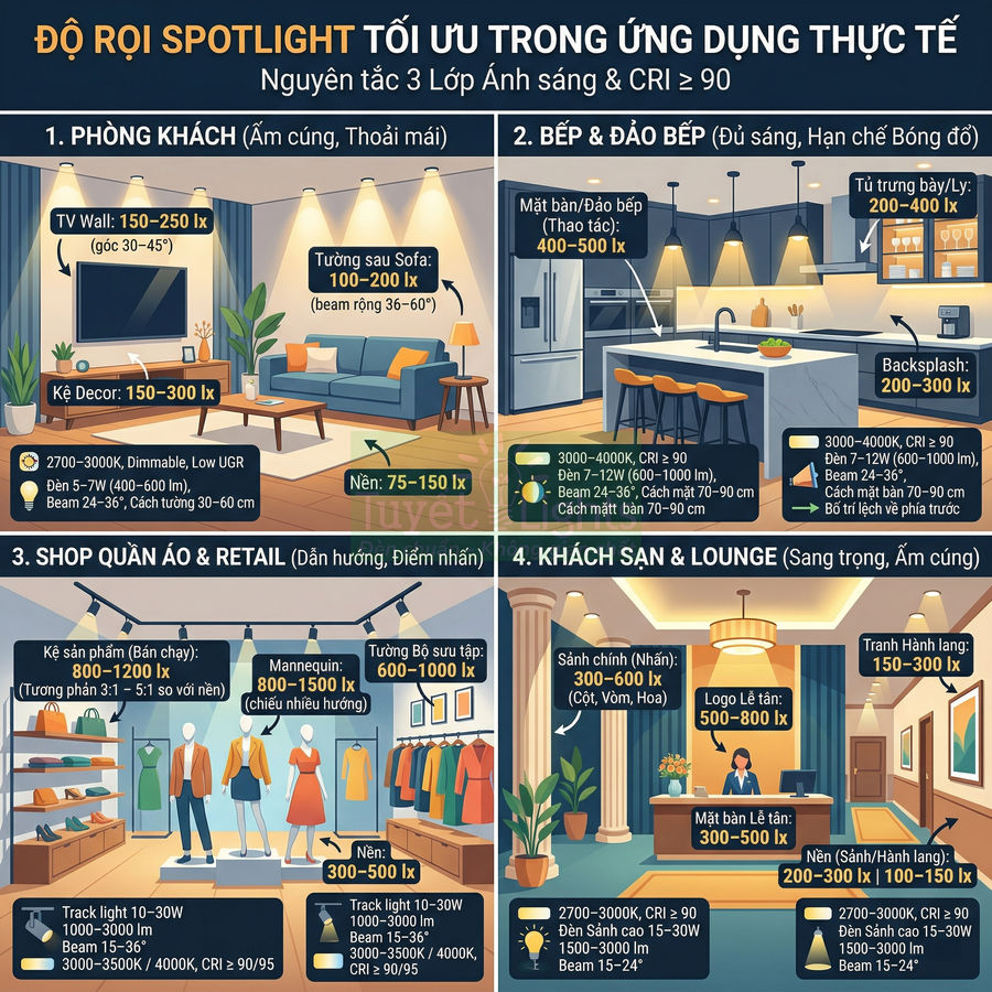 Infographic hướng dẫn độ rọi spotlight tối ưu cho phòng khách, bếp, shop thời trang và sảnh khách sạn