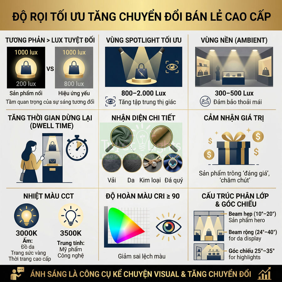 Infographic hướng dẫn tối ưu ánh sáng chiếu sản phẩm bán lẻ cao cấp để tăng trải nghiệm và tỷ lệ chuyển đổi