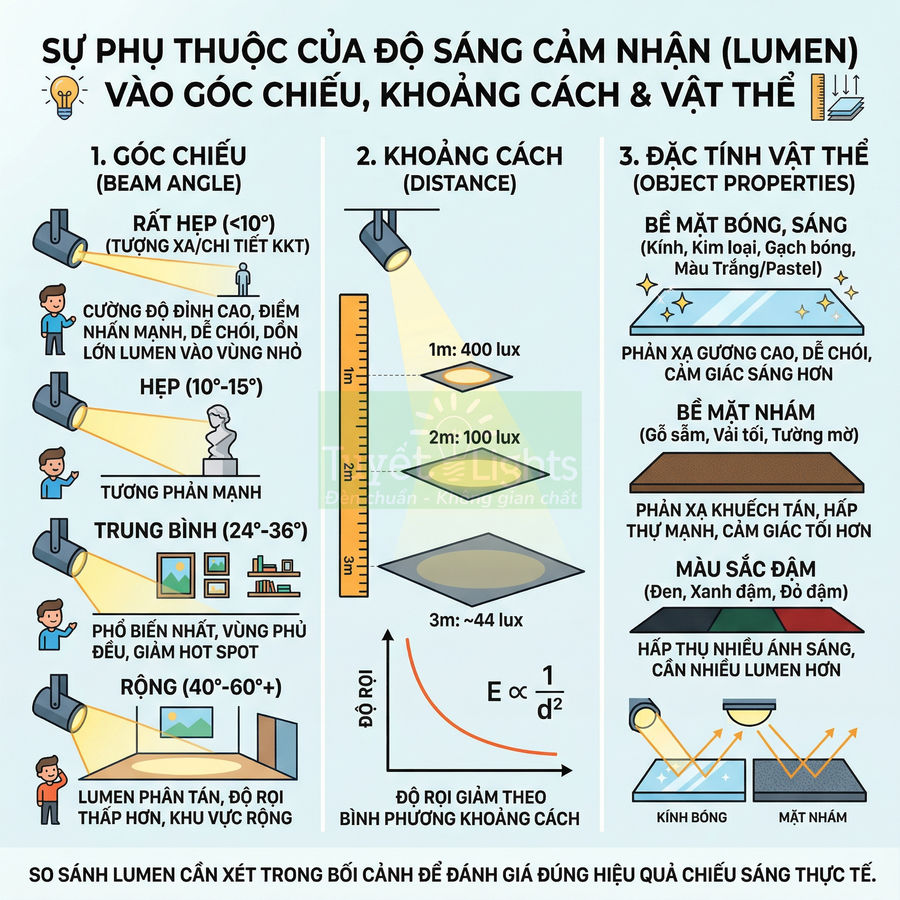 Infographic minh họa độ sáng đèn chiếu theo góc chiếu, khoảng cách và bề mặt phản xạ ánh sáng