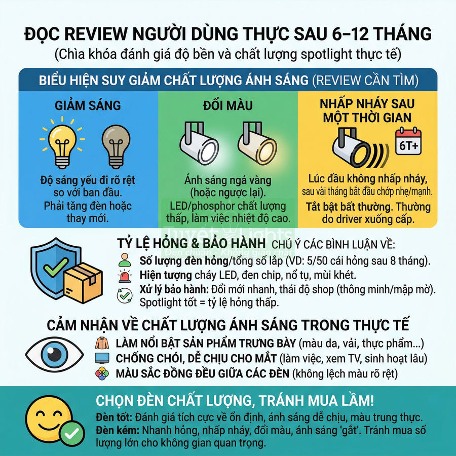 Infographic hướng dẫn chọn đèn spotlight LED chất lượng, nhận biết giảm sáng, đổi màu và nhấp nháy sau thời gian sử dụng