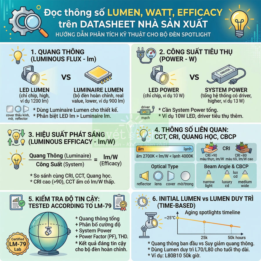 Infographic hướng dẫn đọc thông số lumen watt efficacy trên datasheet kỹ thuật cho bộ đèn LED spotlight