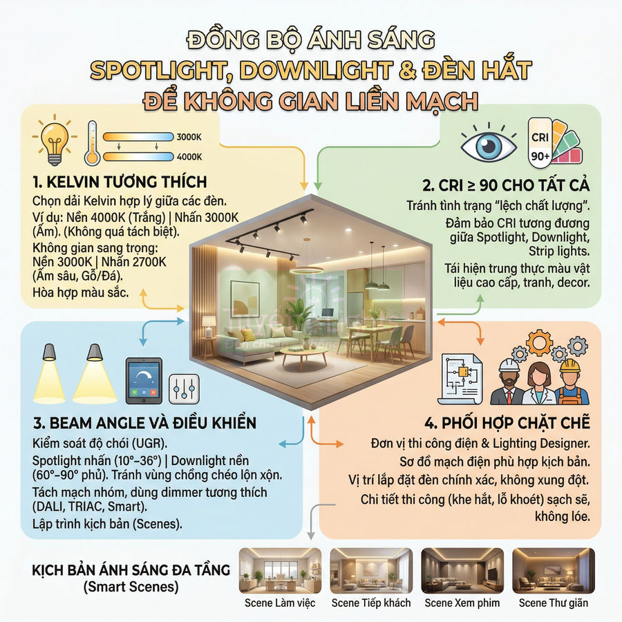 Infographic hướng dẫn đồng bộ ánh sáng spotlight, downlight và đèn hắt cho không gian nội thất liền mạch