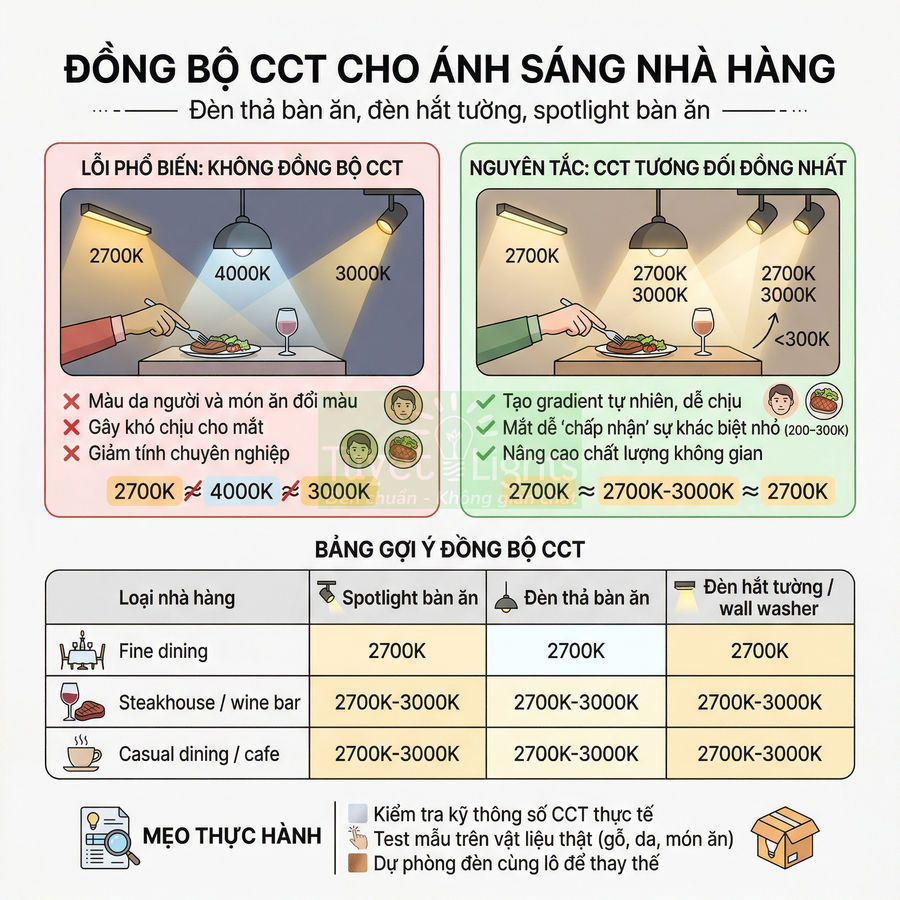 Infographic hướng dẫn đồng bộ nhiệt độ màu CCT cho hệ thống đèn chiếu sáng nhà hàng