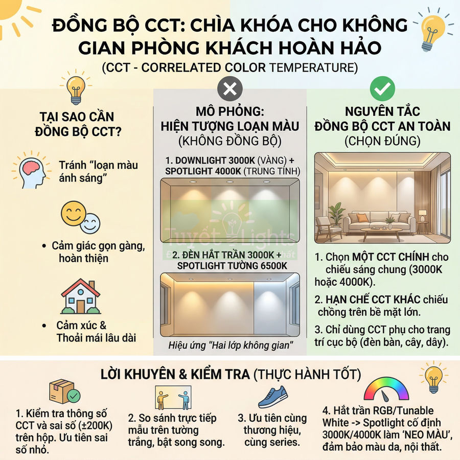 Infographic hướng dẫn đồng bộ nhiệt độ màu CCT cho phòng khách với ví dụ bố trí đèn trần và spotlight