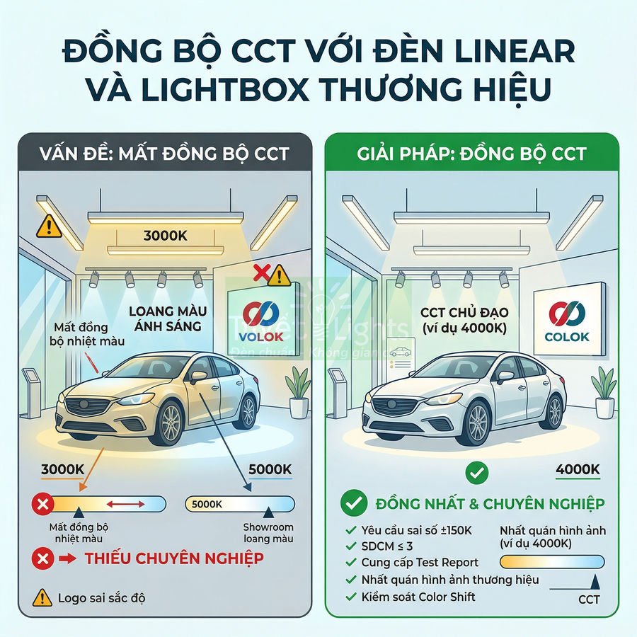 So sánh showroom ô tô dùng đèn linear và lightbox đồng bộ CCT với giải pháp chiếu sáng thương hiệu COLOK
