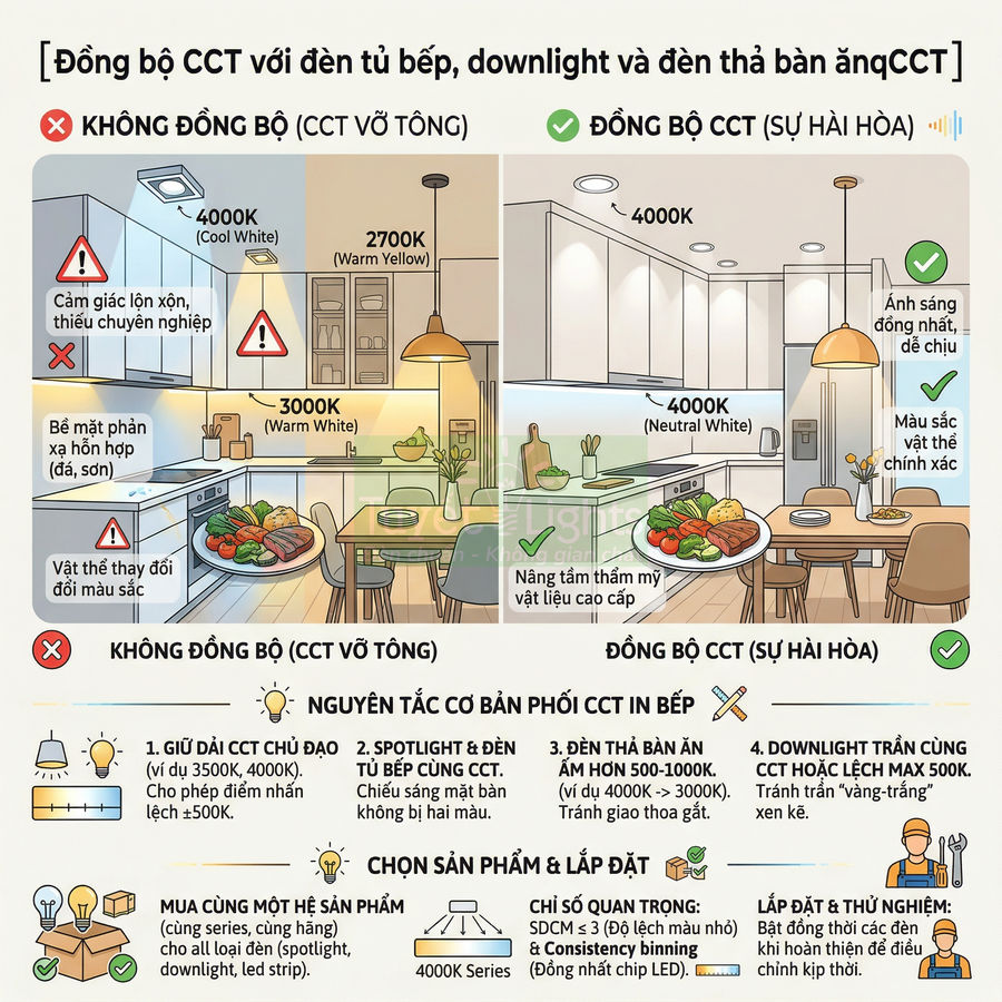 Minh họa bếp với đèn tủ bếp, downlight và đèn thả bàn ăn đồng bộ nhiệt độ màu CCT hài hòa