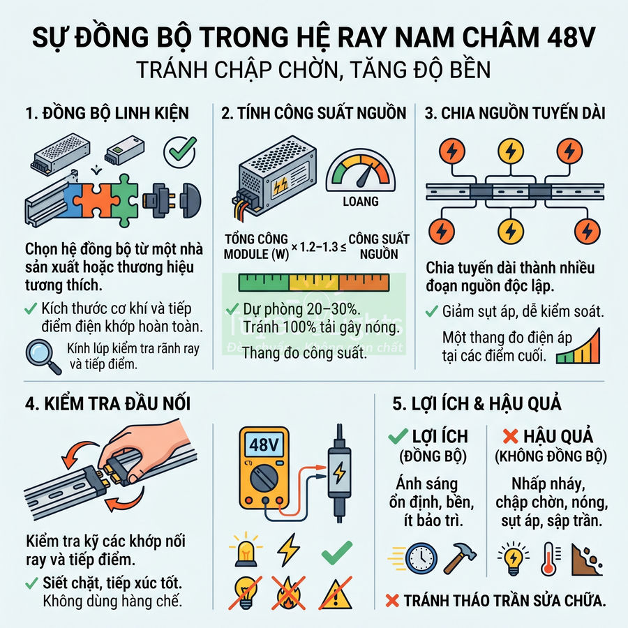 Hướng dẫn đồng bộ hệ ray nam châm 48V với nguồn điện và đầu nối để tránh chập chờn, tăng độ bền hệ chiếu sáng