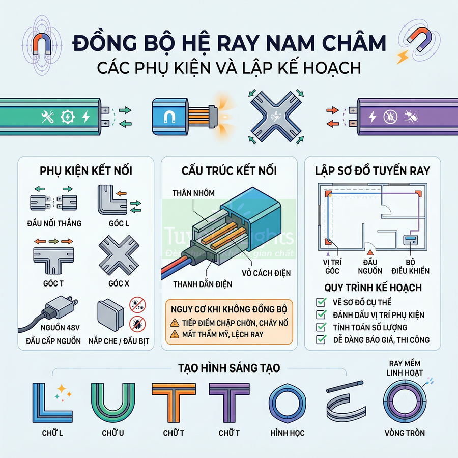 Hệ ray nam châm LUTTOZO với phụ kiện kết nối, cấu trúc thanh nhôm dẫn điện và hướng dẫn lắp sơ đồ tuyến ray