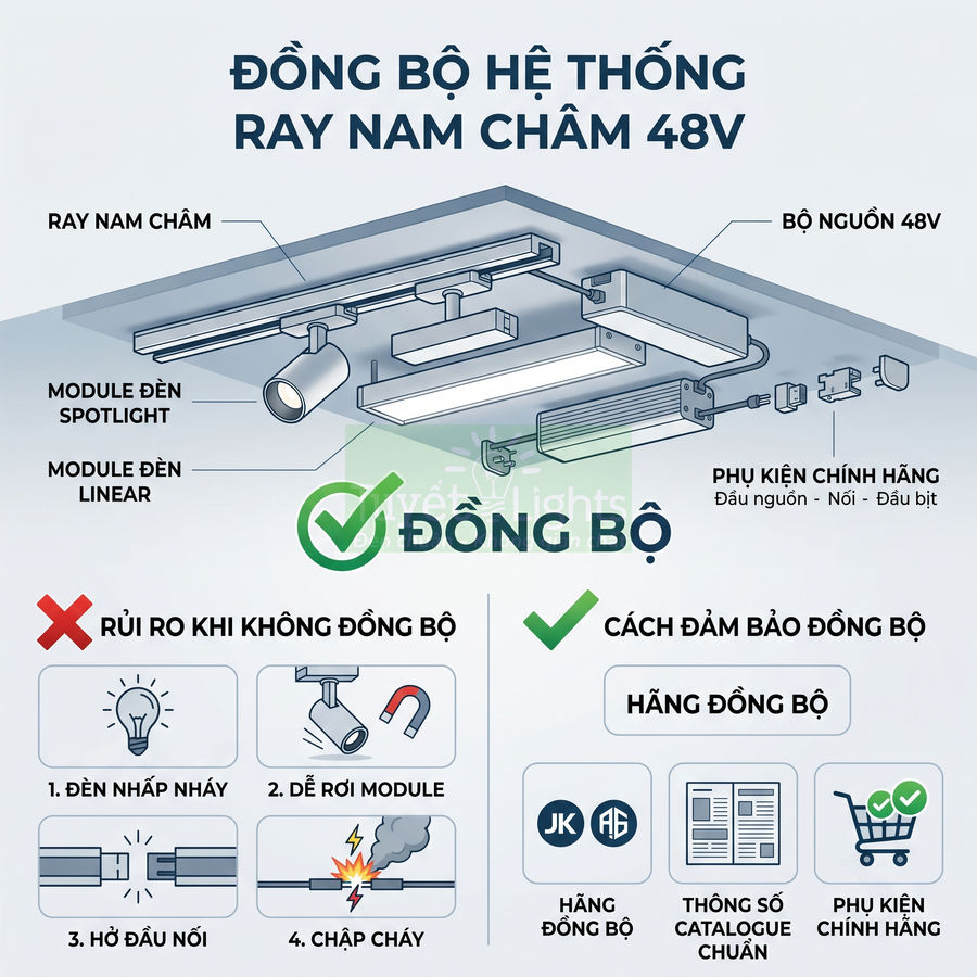 Hệ thống đèn ray nam châm 48V đồng bộ với module spotlight, linear và phụ kiện chính hãng