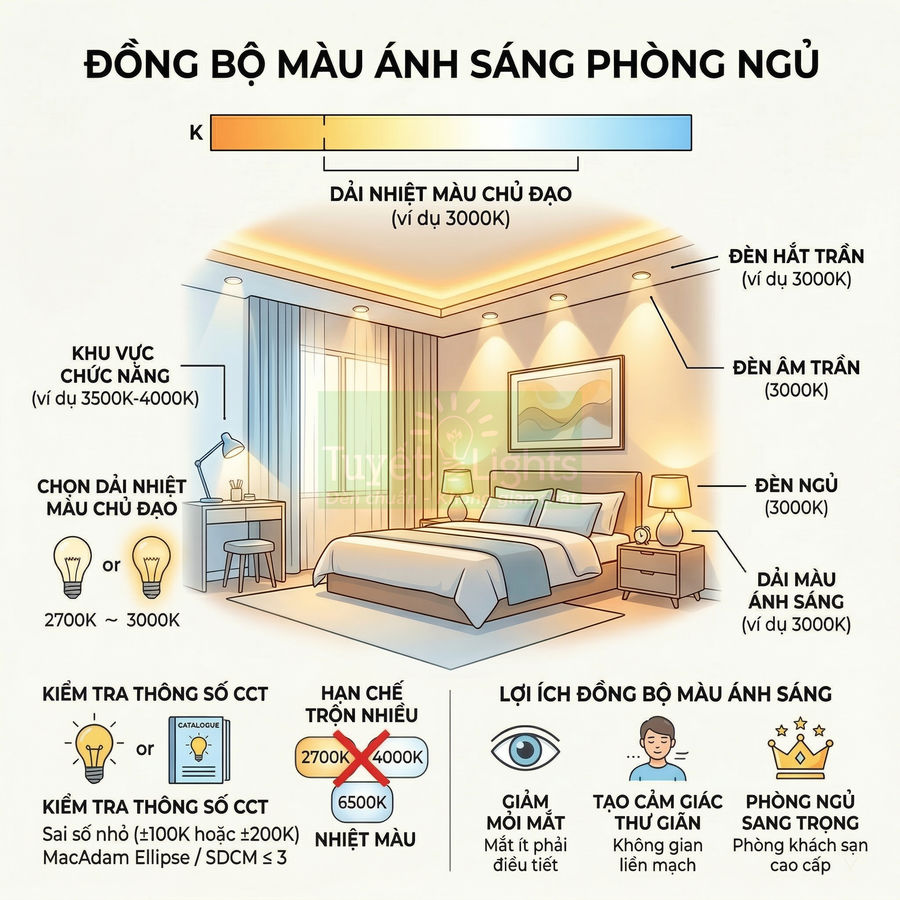 Minh họa phòng ngủ với các loại đèn LED 3000K đồng bộ màu ánh sáng tạo không gian ấm áp thư giãn